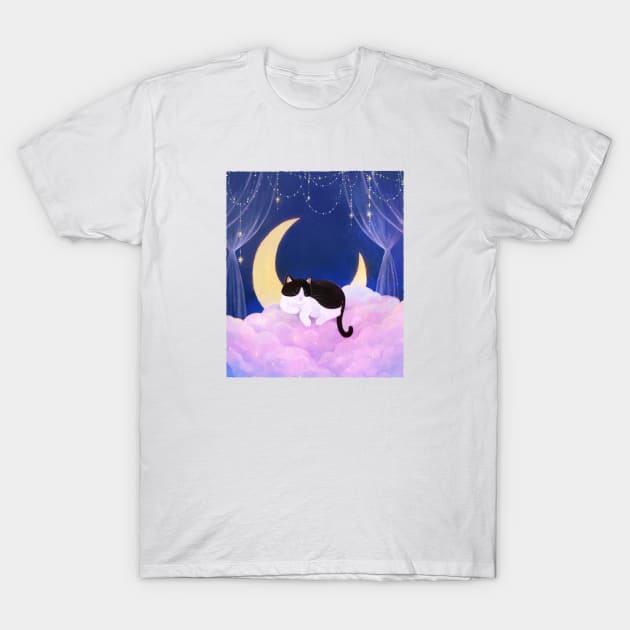 Tuxedo Cat on Pink Clouds T-Shirt by You Miichi